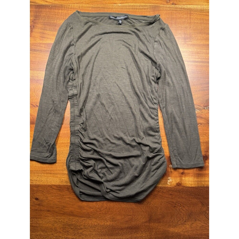 White House Black Market Top Women’s XSP Olive Green Boatneck 3/4 Sleeve Ruched